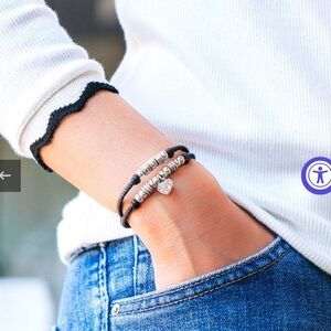 Lizzy James Gunmetal Leather Bracelet,Cubic Zirconia,Sterling Silver Heart Charm